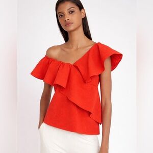 Cuyana red orange seersucker ruffle shoulder top size medium summer bright beach